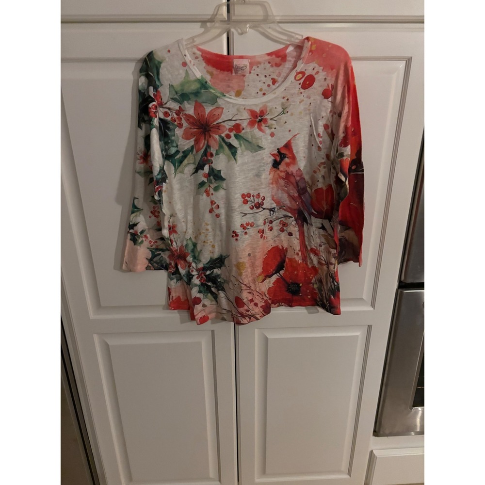 Et Lois Womens XL Cardinal Poinsettia Christmas Holiday 3/4 Sleeve Knit Top USA